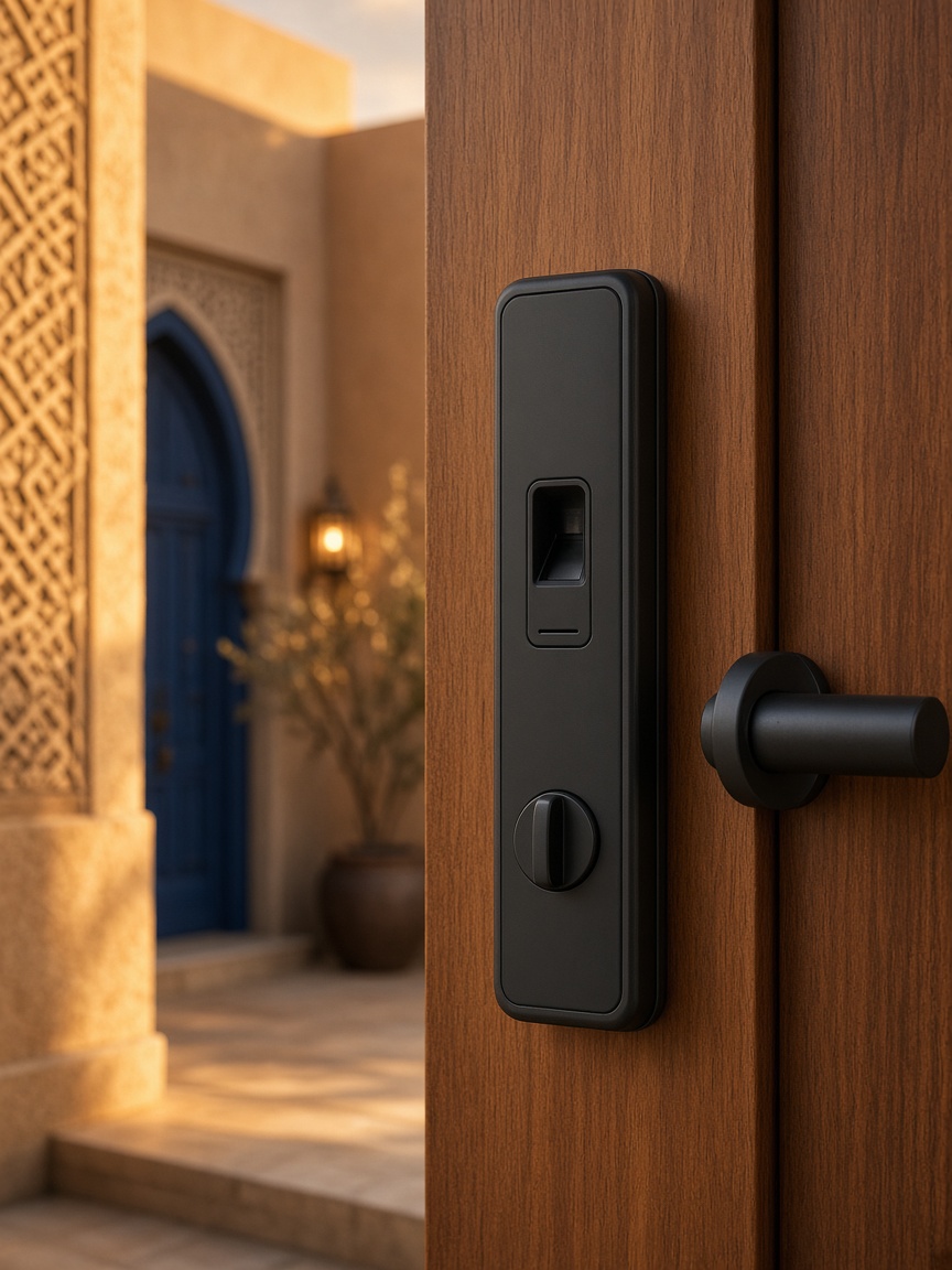 Porte de villa avec serrure intelligente à empreinte